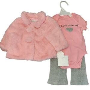 NWT Baby Girl 3 Pc Furry Pink 'I Love Mommy' Set ~sz 3 M